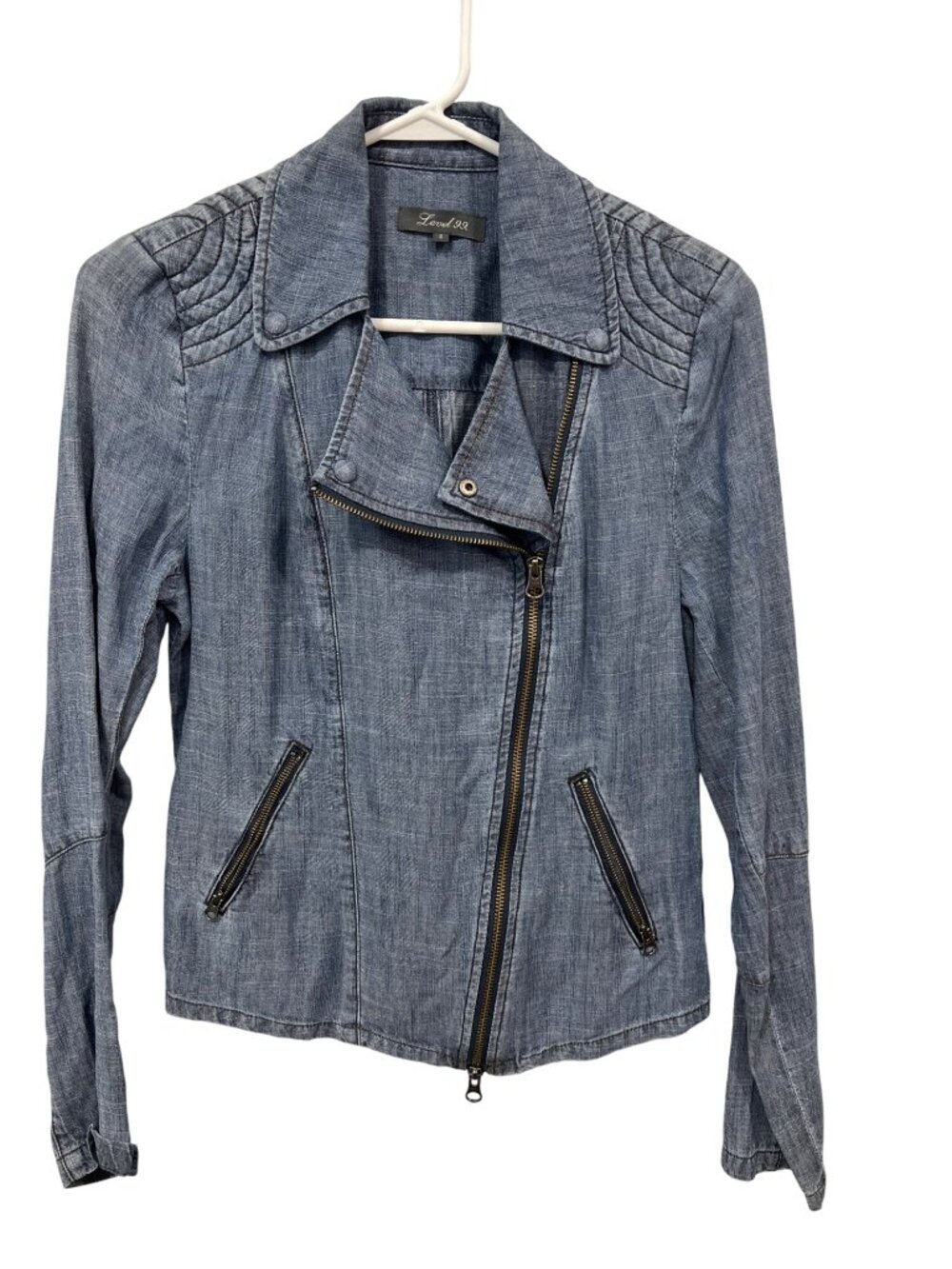 Level 99 Moto Jacket Small Asymmetrical Zip Chambray Blue Lyocell Linen Classic